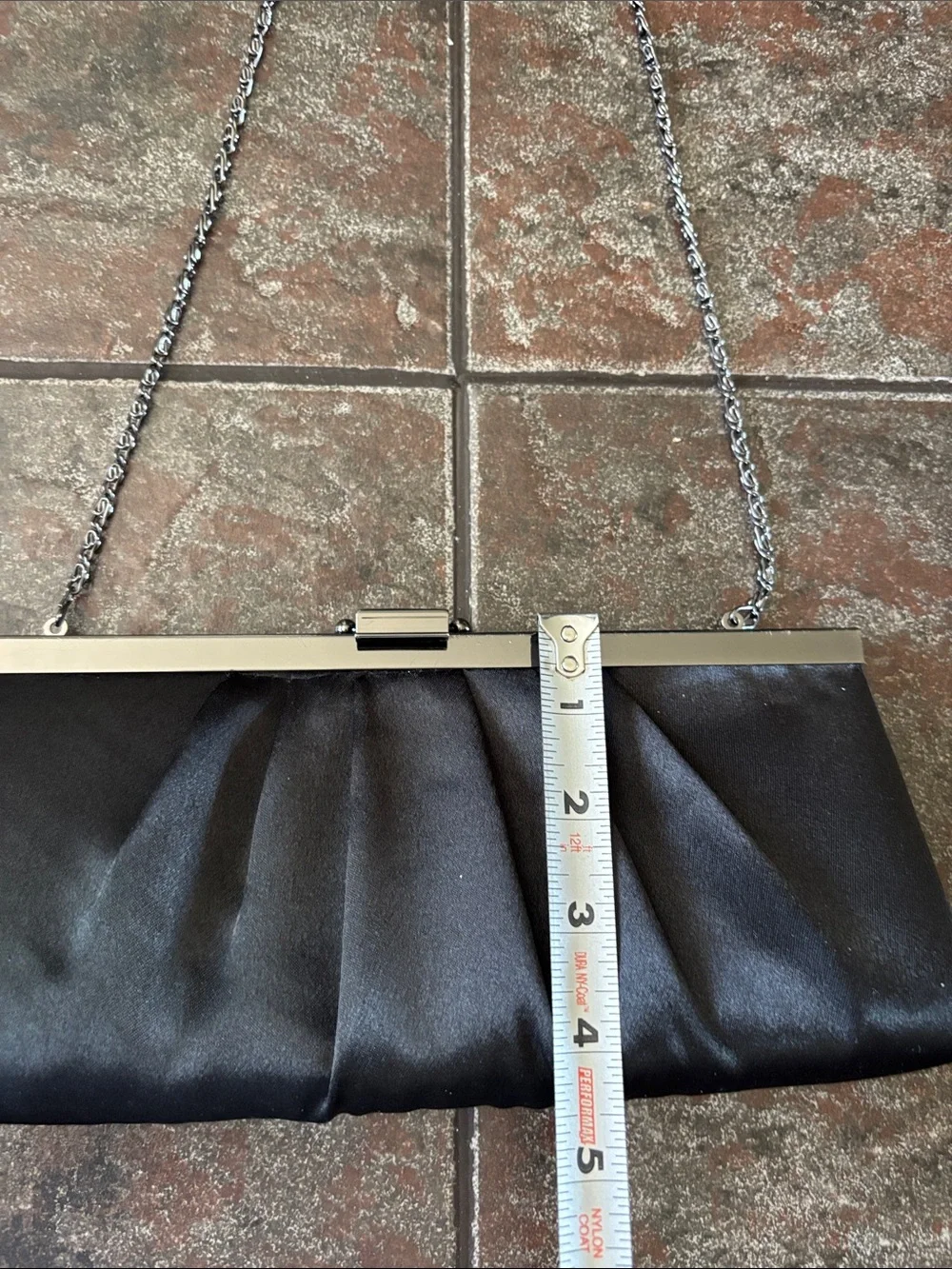 Jessica McClintock Black Satin Pleated Frame Clutch with Chain